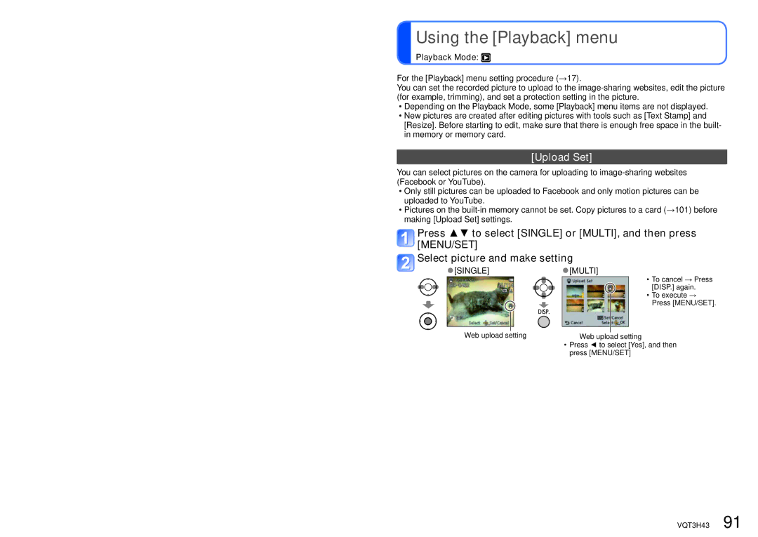 Panasonic MC-ZS8, DMC-TZ18 owner manual Using the Playback menu, Upload Set 