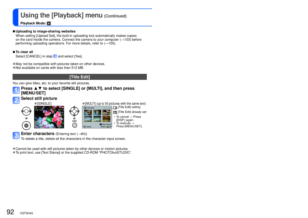 Panasonic DMC-TZ18, MC-ZS8 owner manual Title Edit, Playback Mode Uploading to image-sharing websites, To clear all 
