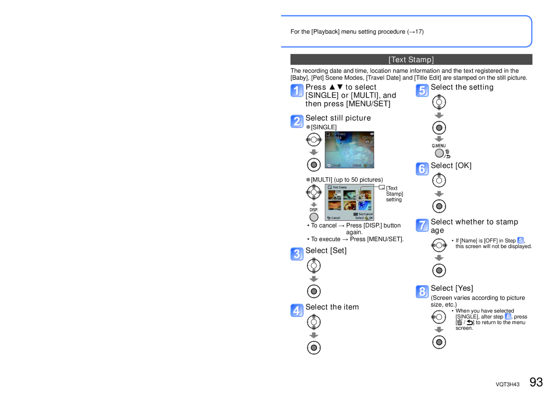 Panasonic MC-ZS8, DMC-TZ18 owner manual Text Stamp, For the Playback menu setting procedure →17, Multi up to 50 pictures 