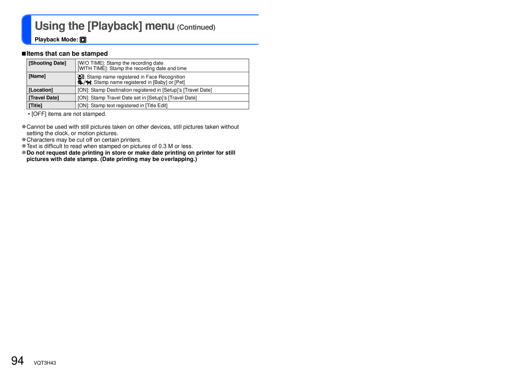 Panasonic DMC-TZ18, MC-ZS8 owner manual Items that can be stamped 