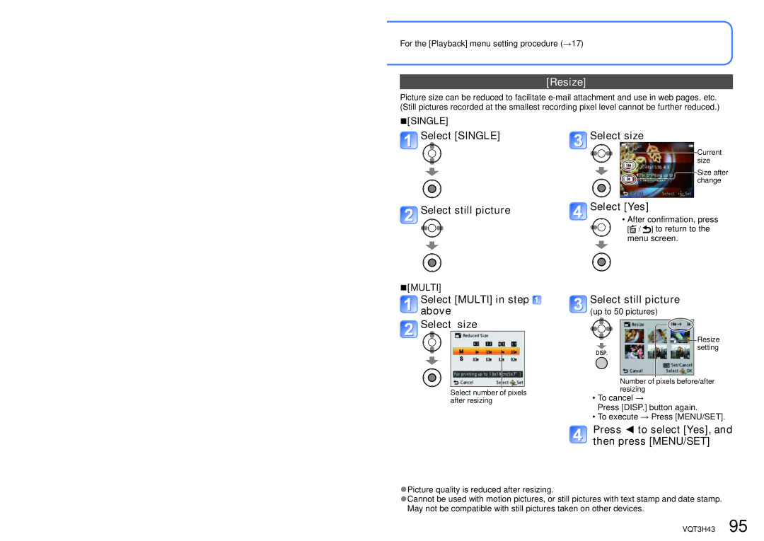 Panasonic MC-ZS8, DMC-TZ18 owner manual Resize, Select Single Select size, Select still picture Select Yes 