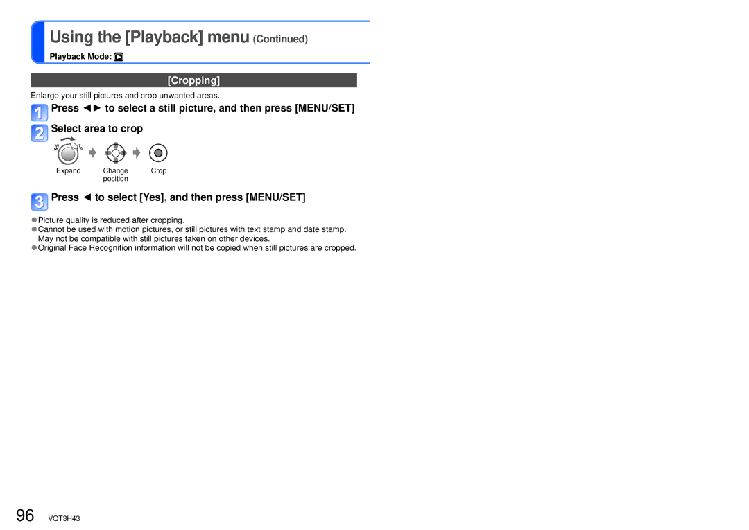 Panasonic DMC-TZ18, MC-ZS8 owner manual Cropping, Enlarge your still pictures and crop unwanted areas 