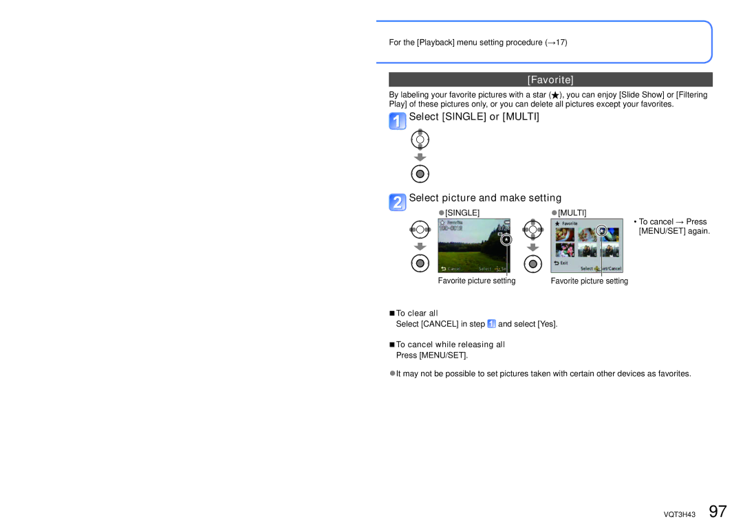 Panasonic MC-ZS8 Favorite, Select Single or Multi Select picture and make setting, Select Cancel in step and select Yes 