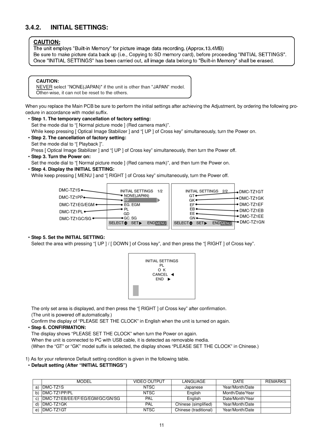 Panasonic DMC-TZ1EGM-K manual Temporary cancellation of factory setting, Turn the Power on, Display the Initial Setting 