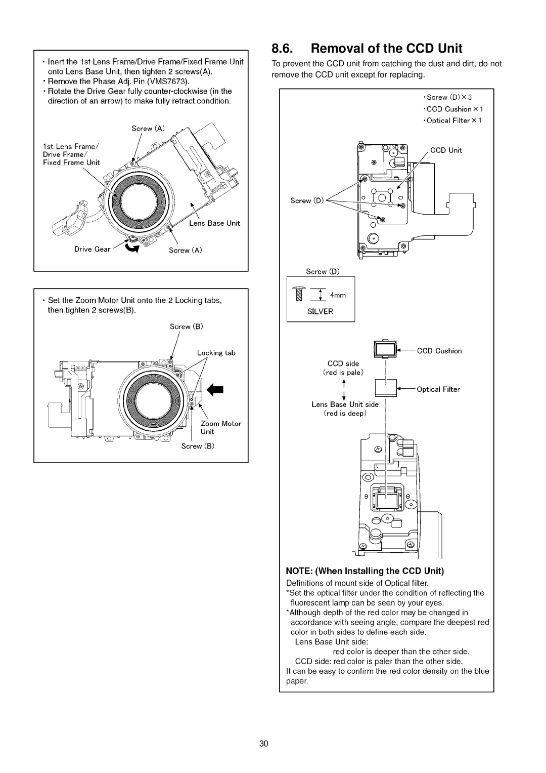 Panasonic DMC-TZ1EE, DMC-TZ1SG, DMC-TZ1PP, DMC-TZ1PL, DMC-TZ1GT, DMC-TZ1GC, DMC-TZ1EF, DMC-TZ1EB manual Removal of the CCD Unit 