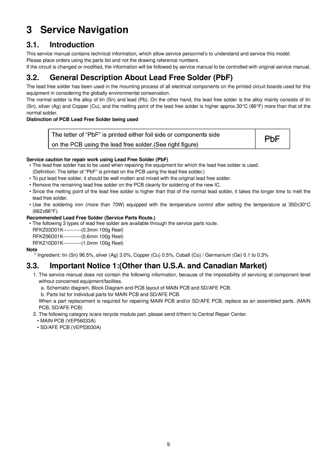 Panasonic DMC-TZ1GN, DMC-TZ1SG, DMC-TZ1PP Service Navigation, Introduction General Description About Lead Free Solder PbF 