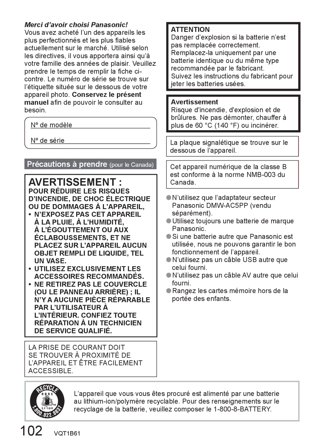 Panasonic DMC-TZ2, DMC-TZ3 operating instructions Précautions à prendre pour le Canada, Avertissement 