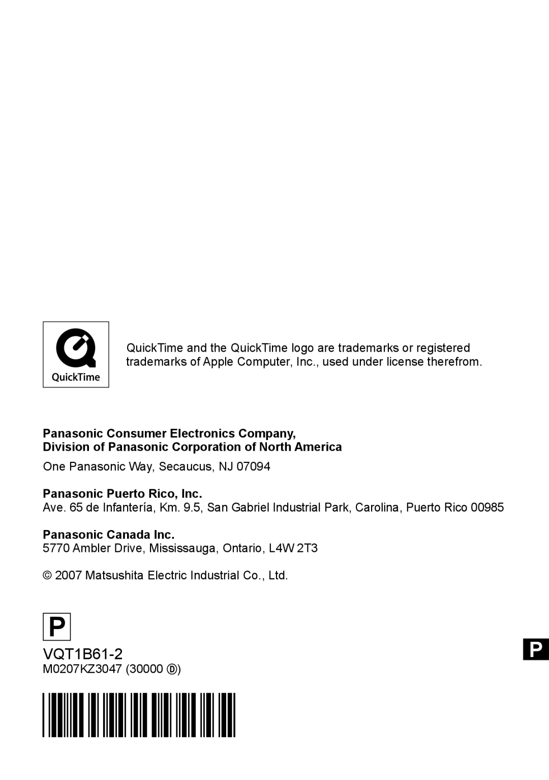 Panasonic DMC-TZ2 One Panasonic Way, Secaucus, NJ, Panasonic Puerto Rico, Inc, Panasonic Canada Inc, M0207KZ3047 30000  