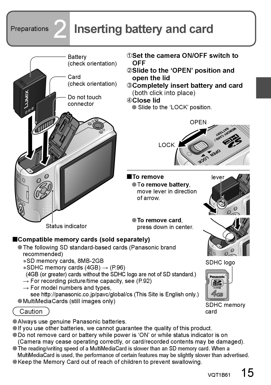 Panasonic DMC-TZ3 Preparations 2 Inserting battery and card, Set the camera ON/OFF switch to, Open Lock, To remove card 