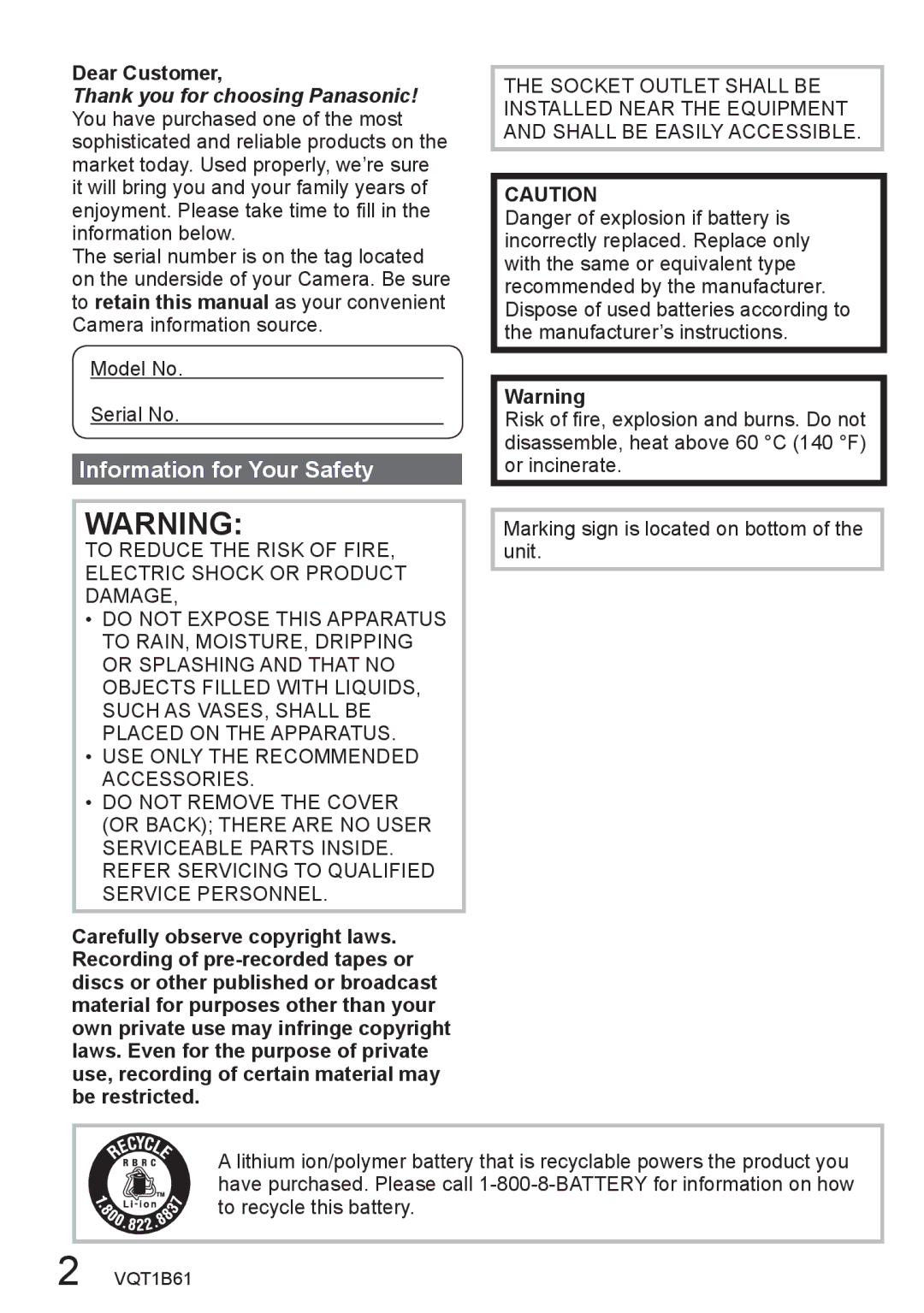 Panasonic DMC-TZ2, DMC-TZ3 operating instructions Information for Your Safety, Dear Customer 