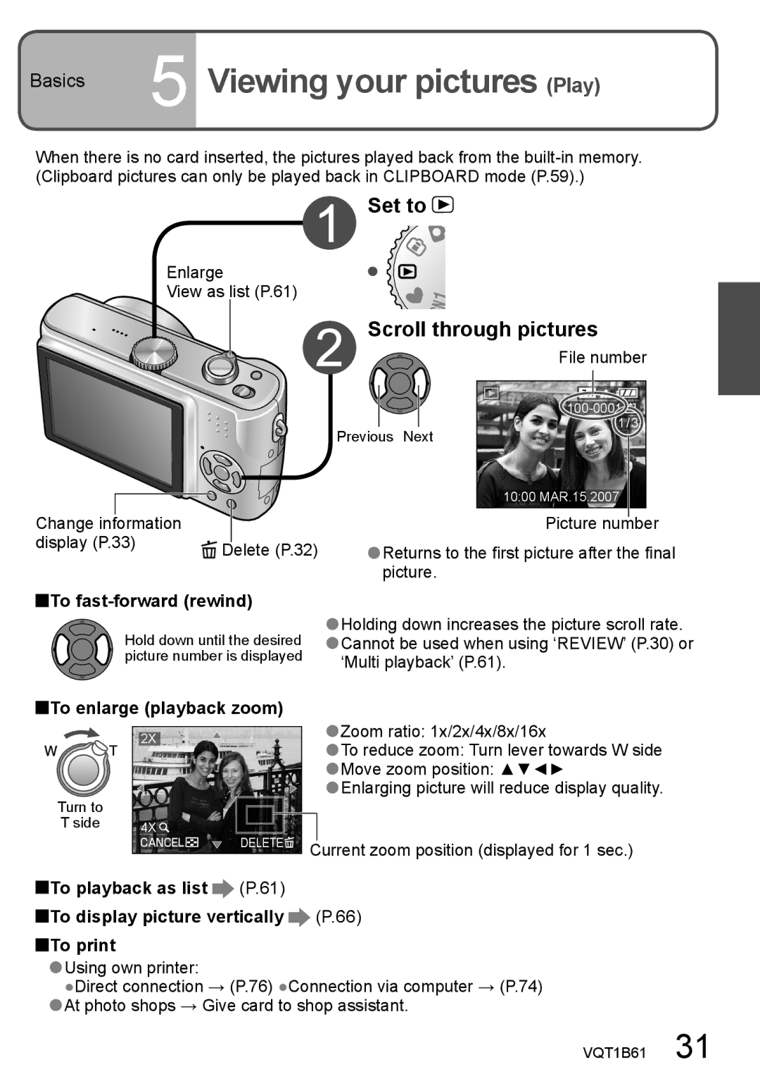 Panasonic DMC-TZ3, DMC-TZ2 Viewing your pictures Play, Set to, Scroll through pictures, To fast-forward rewind 