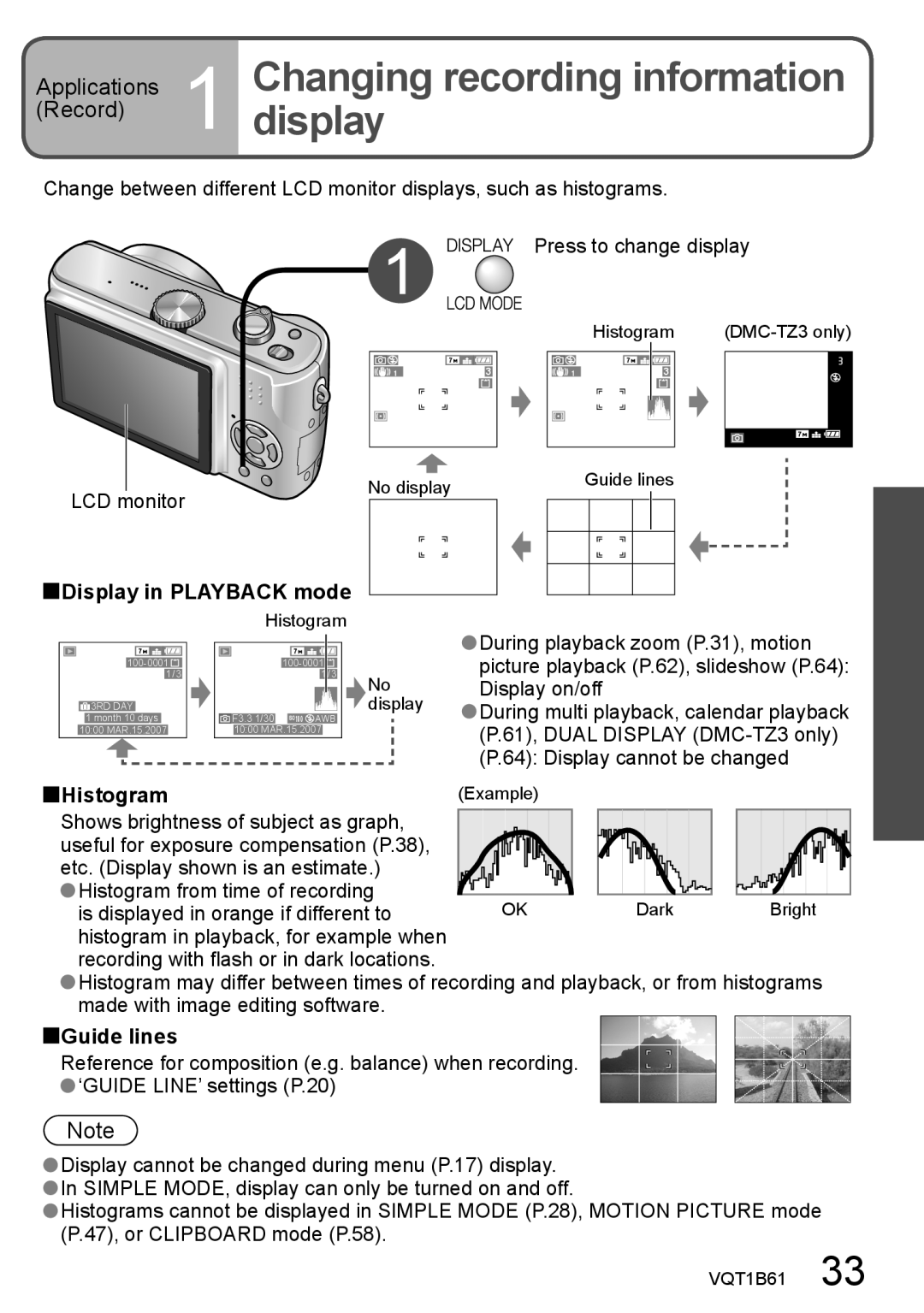 Panasonic DMC-TZ3, DMC-TZ2 operating instructions Applications Record, Display in Playback mode, Histogram, Guide lines 