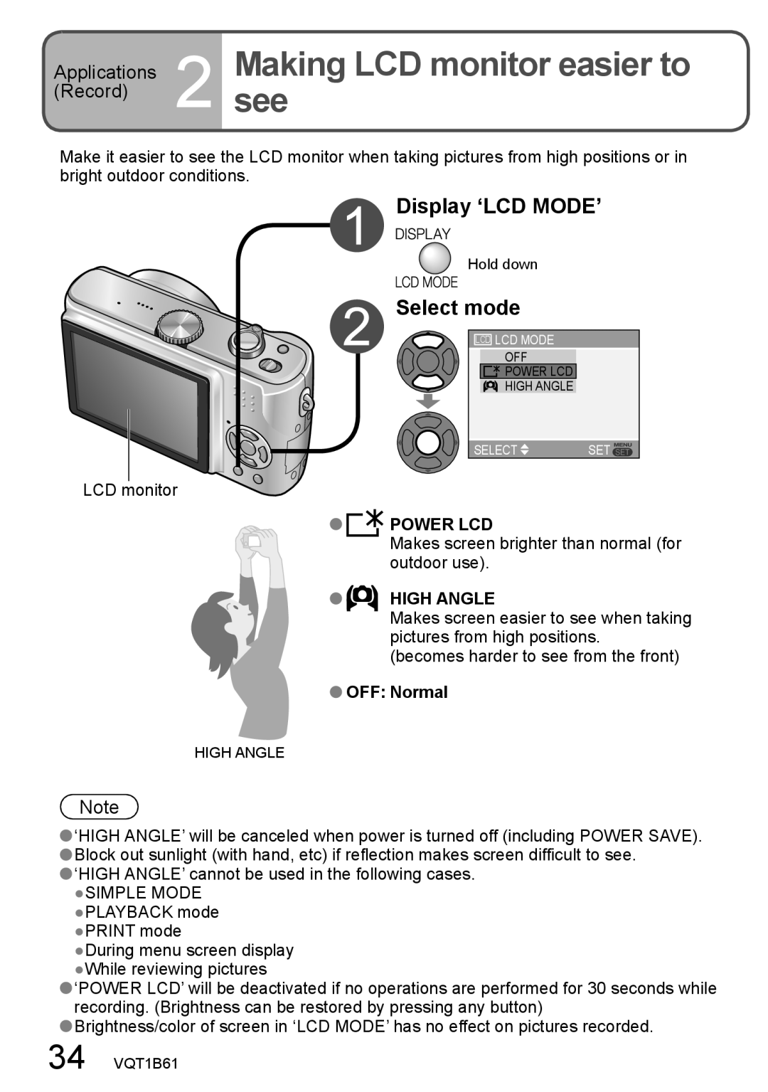 Panasonic DMC-TZ2, DMC-TZ3 Makingsee LCD monitor easier to, Display ‘LCD MODE’, Select mode, Power LCD, High Angle 