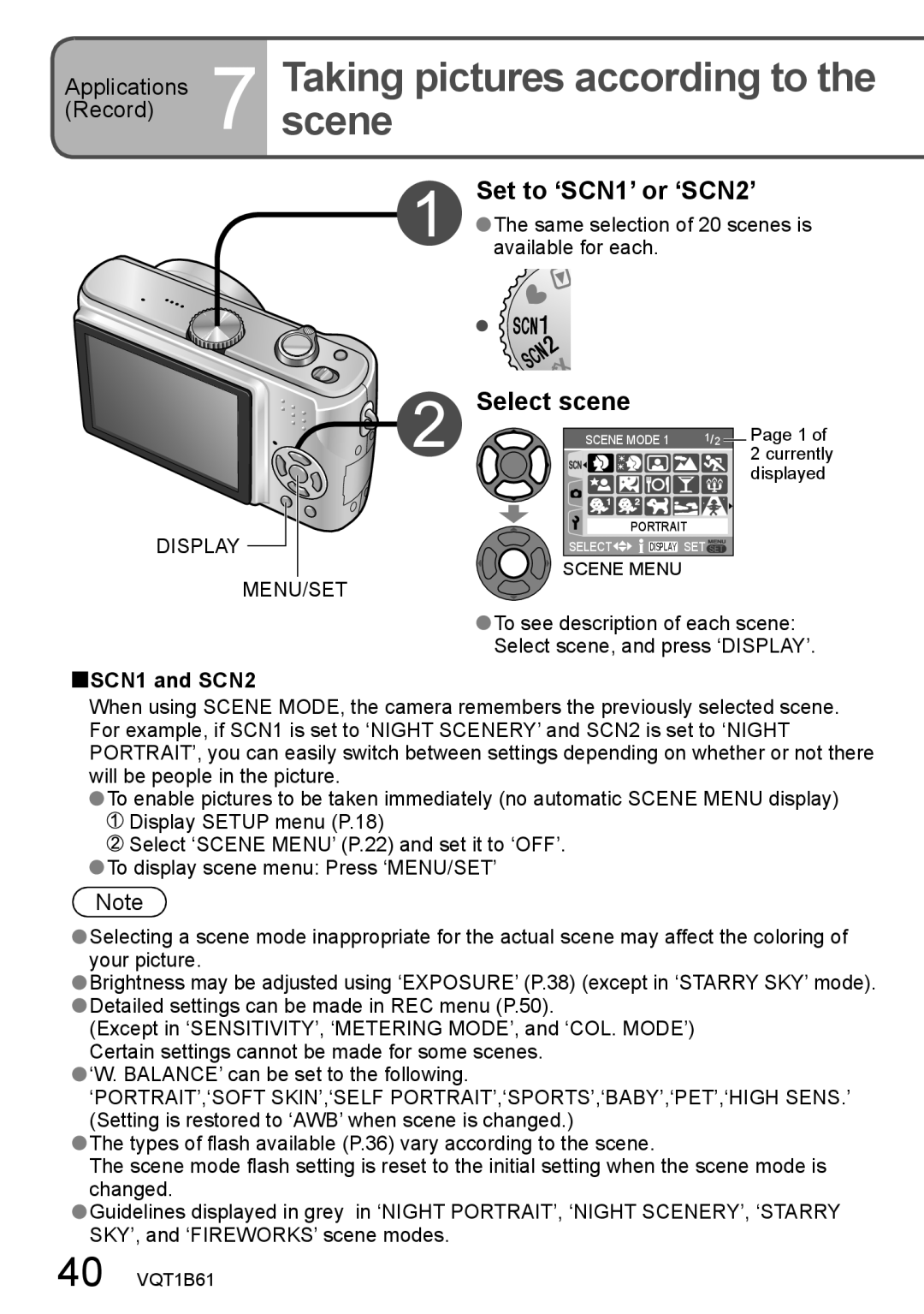 Panasonic DMC-TZ2, DMC-TZ3 Scene, Taking pictures according to, Set to ‘SCN1’ or ‘SCN2’, Select scene, SCN1 and SCN2 