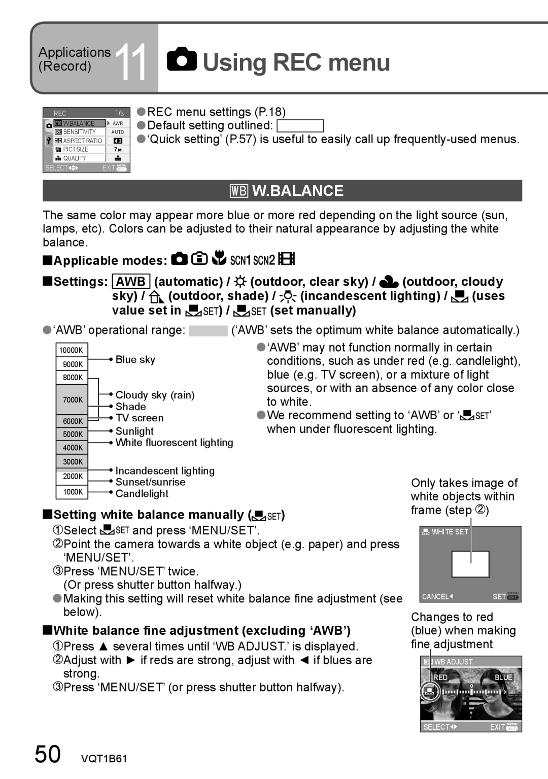 Panasonic DMC-TZ2, DMC-TZ3 operating instructions Using REC menu, Balance, Setting white balance manually, ‘Menu/Set’ 