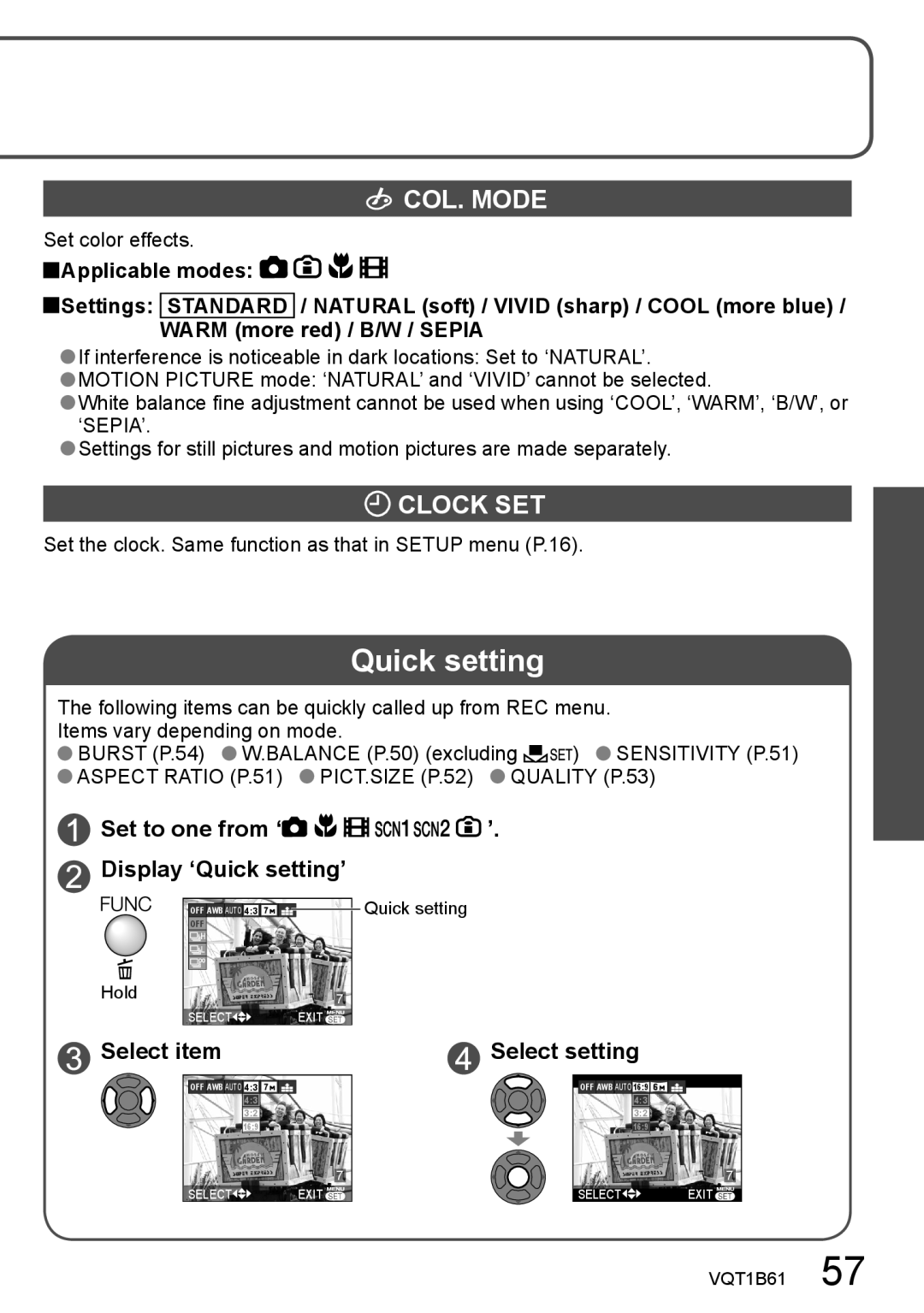 Panasonic DMC-TZ3, DMC-TZ2 COL. Mode, Clock SET, Set to one from ‘ ’ Display ‘Quick setting’, Select item Select setting 