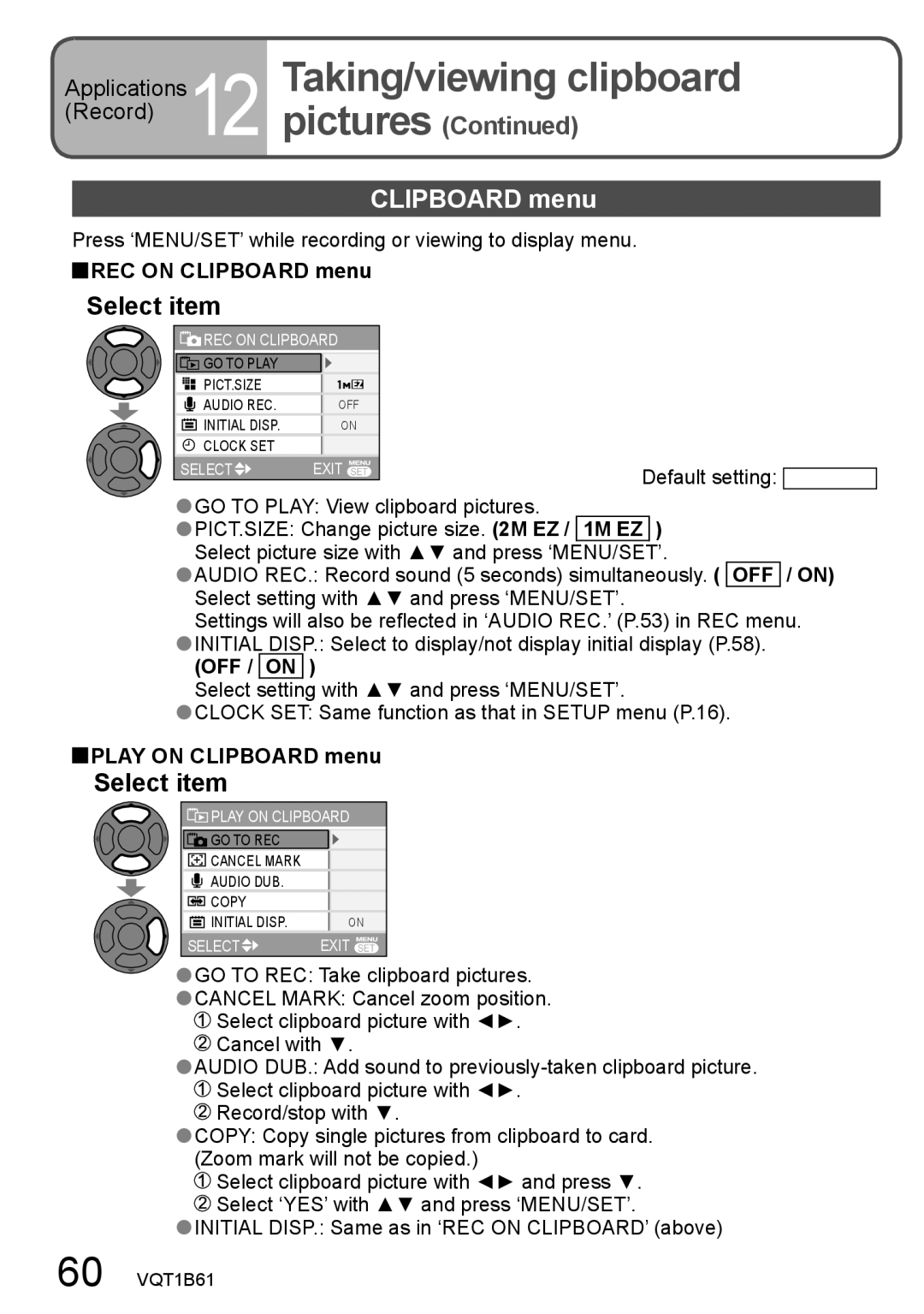 Panasonic DMC-TZ2, DMC-TZ3 operating instructions Taking/viewing clipboard, Clipboard menu, Select item 