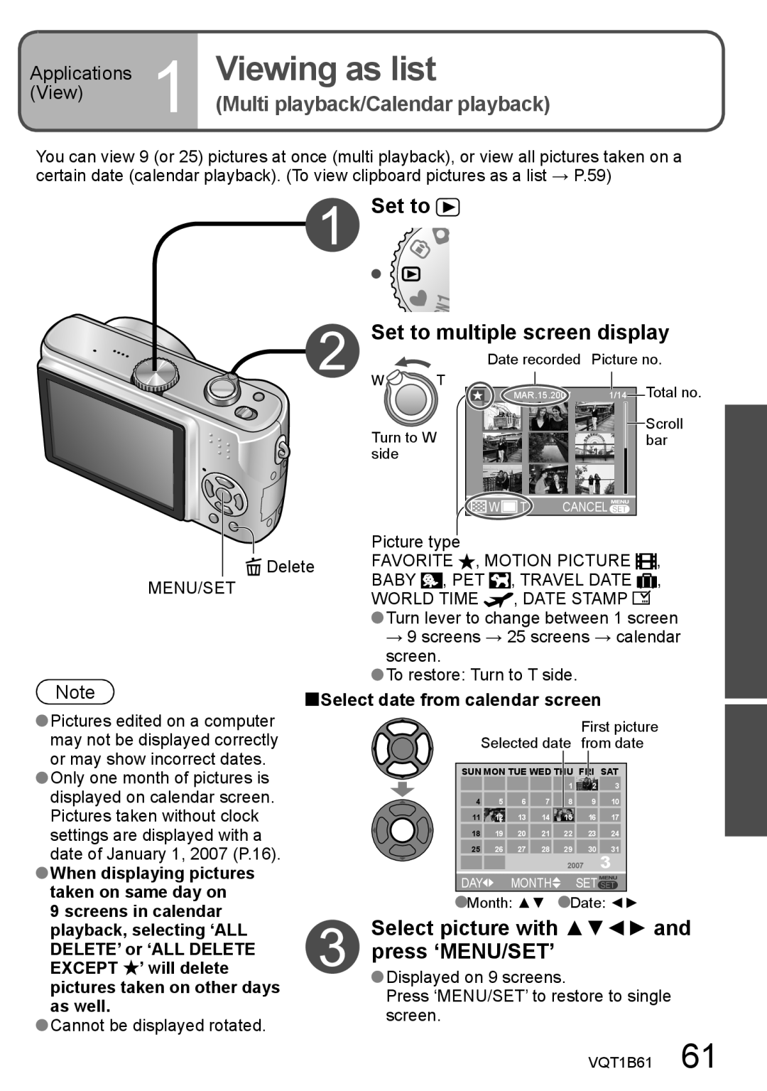 Panasonic DMC-TZ3, DMC-TZ2 Applications Viewing as list, Set to Set to multiple screen display, Press ‘MENU/SET’ 