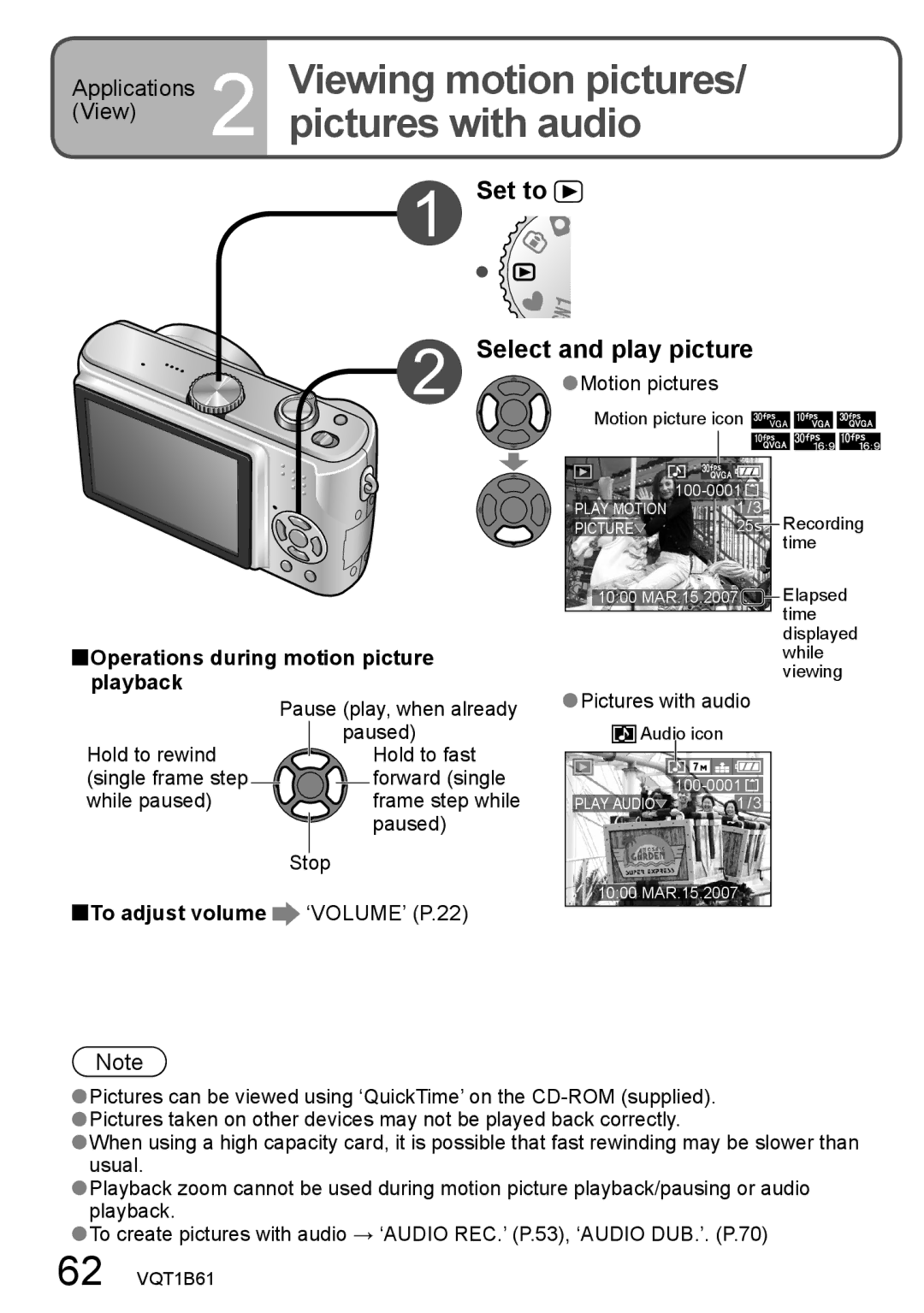 Panasonic DMC-TZ2, DMC-TZ3 operating instructions Pictures with audio, Viewing motion pictures, Select and play picture 