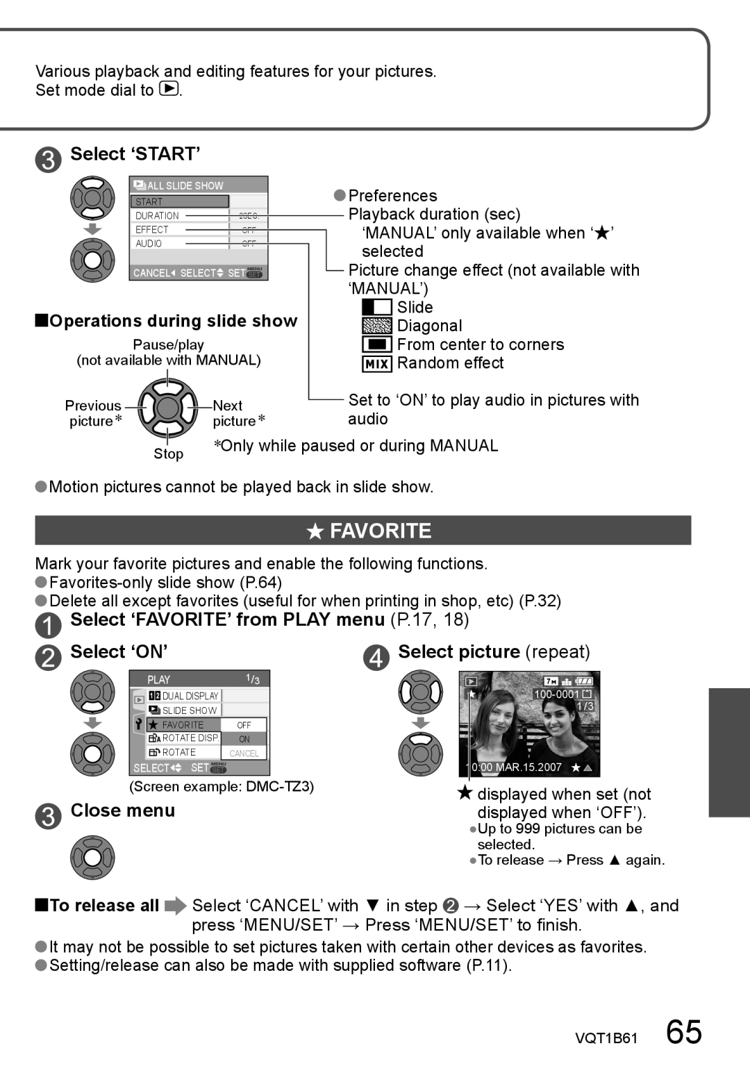 Panasonic DMC-TZ3 Favorite, Select ‘START’, Select ‘FAVORITE’ from Play menu P.17, Select ‘ON’ Select picture repeat 