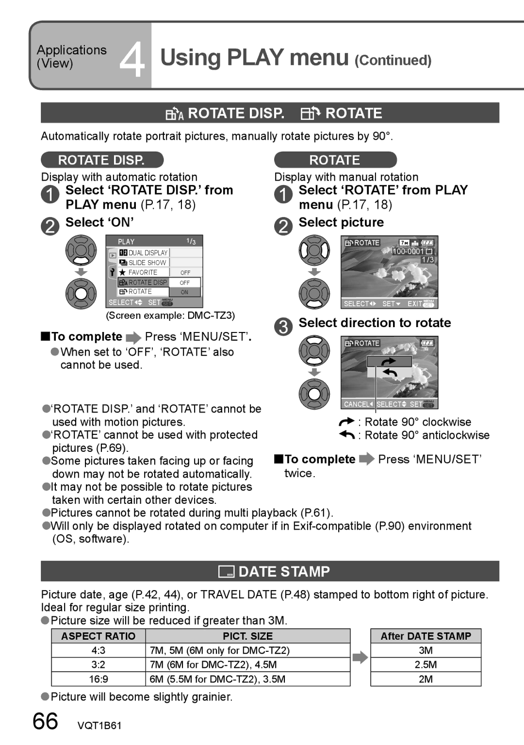 Panasonic DMC-TZ2, DMC-TZ3 Rotate Disp, Date Stamp, Select ‘ROTATE DISP.’ from Play menu P.17, Select ‘ON’ Select picture 