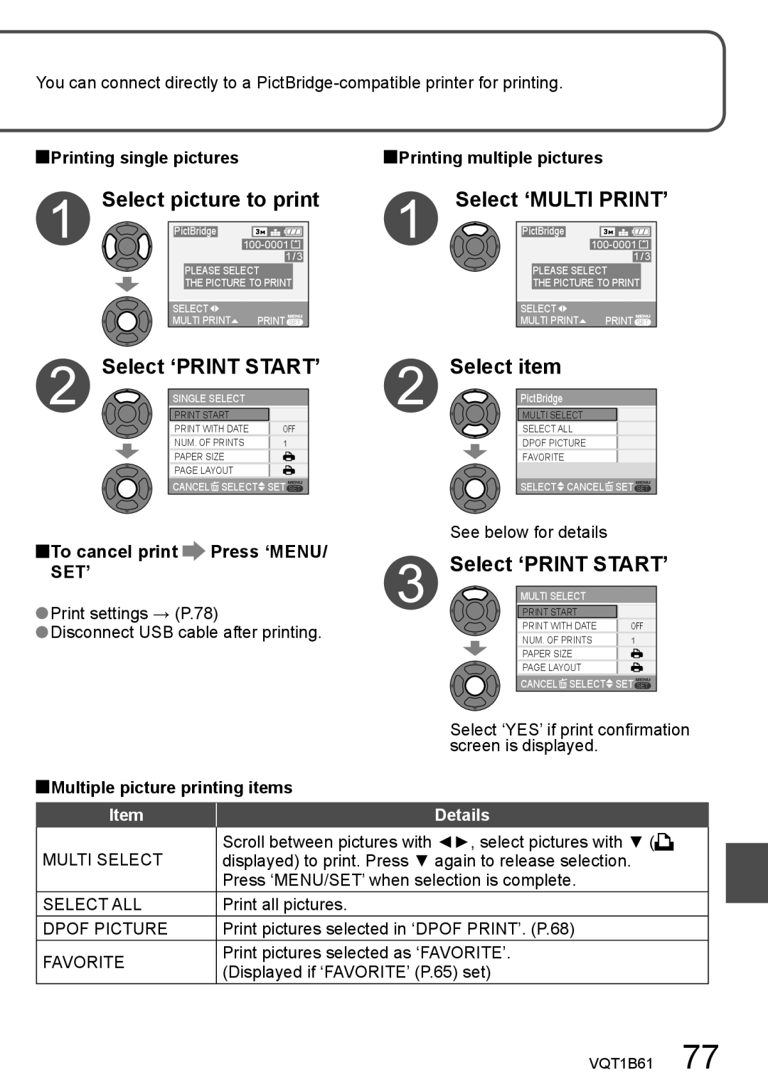 Panasonic DMC-TZ3, DMC-TZ2 operating instructions Select picture to print, Select ‘PRINT START’, Select ‘MULTI PRINT’ 