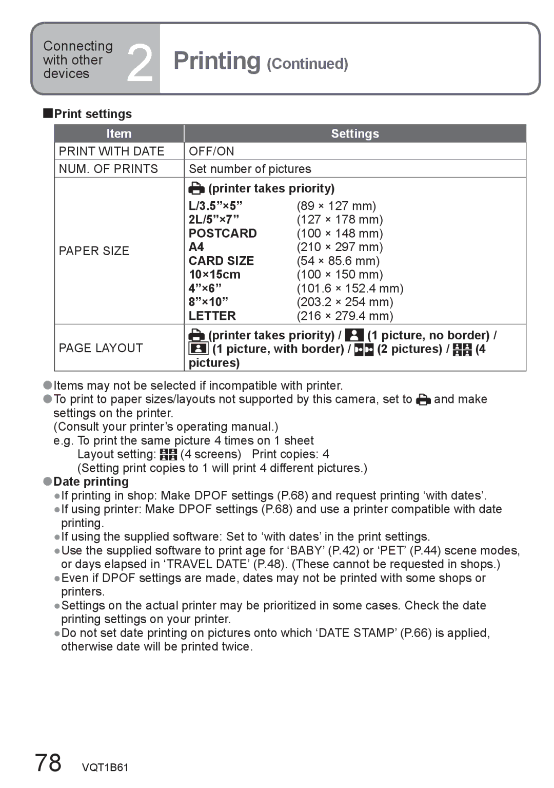 Panasonic DMC-TZ2, DMC-TZ3 operating instructions Postcard, Card Size, Letter 