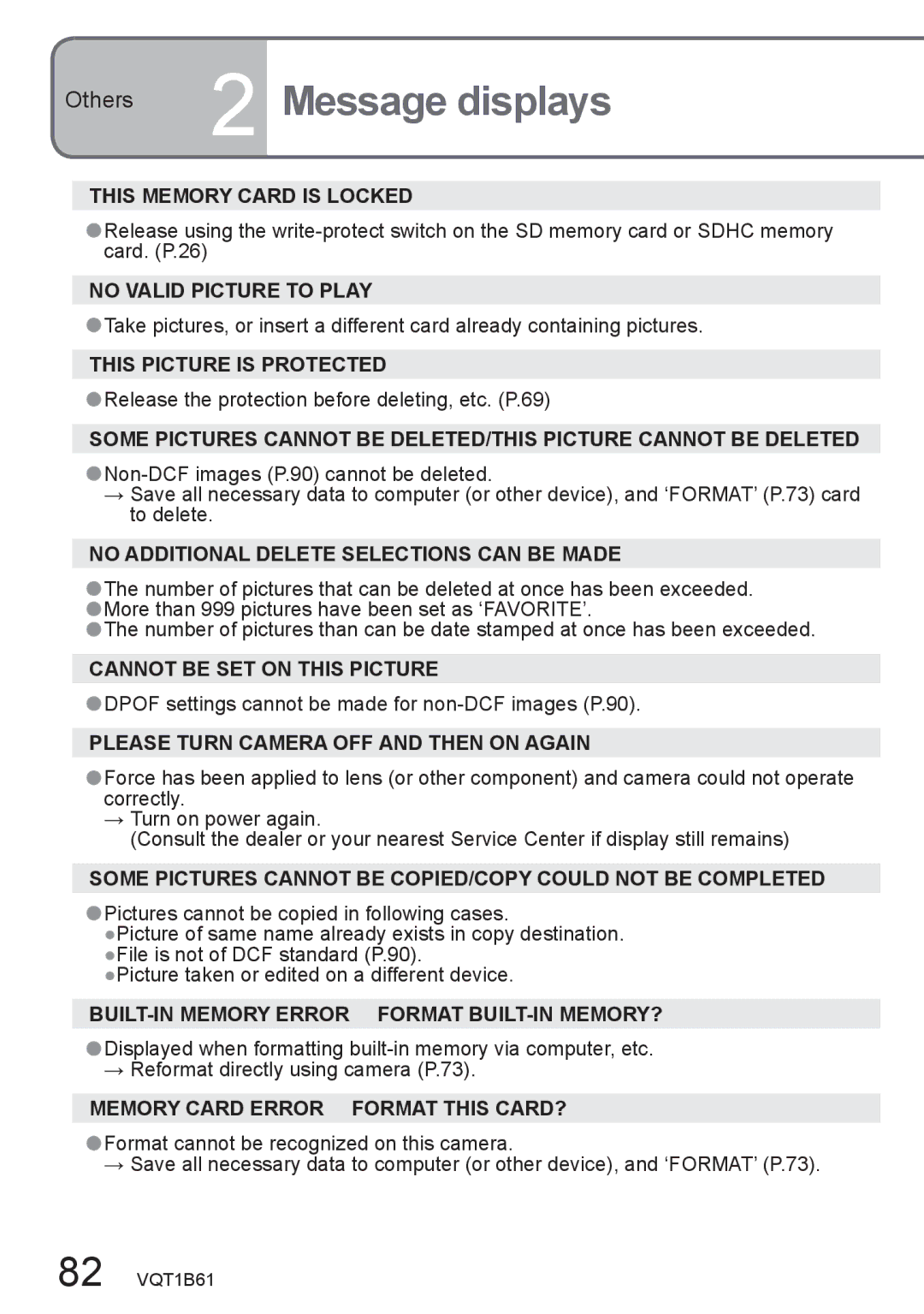 Panasonic DMC-TZ2, DMC-TZ3 operating instructions Message displays 