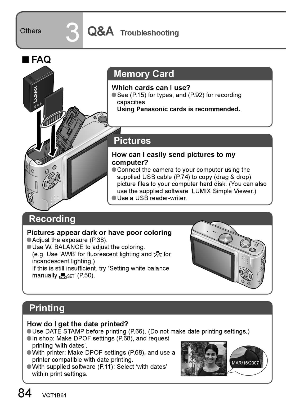 Panasonic DMC-TZ2 Which cards can I use?, How can I easily send pictures to my computer?, How do I get the date printed? 