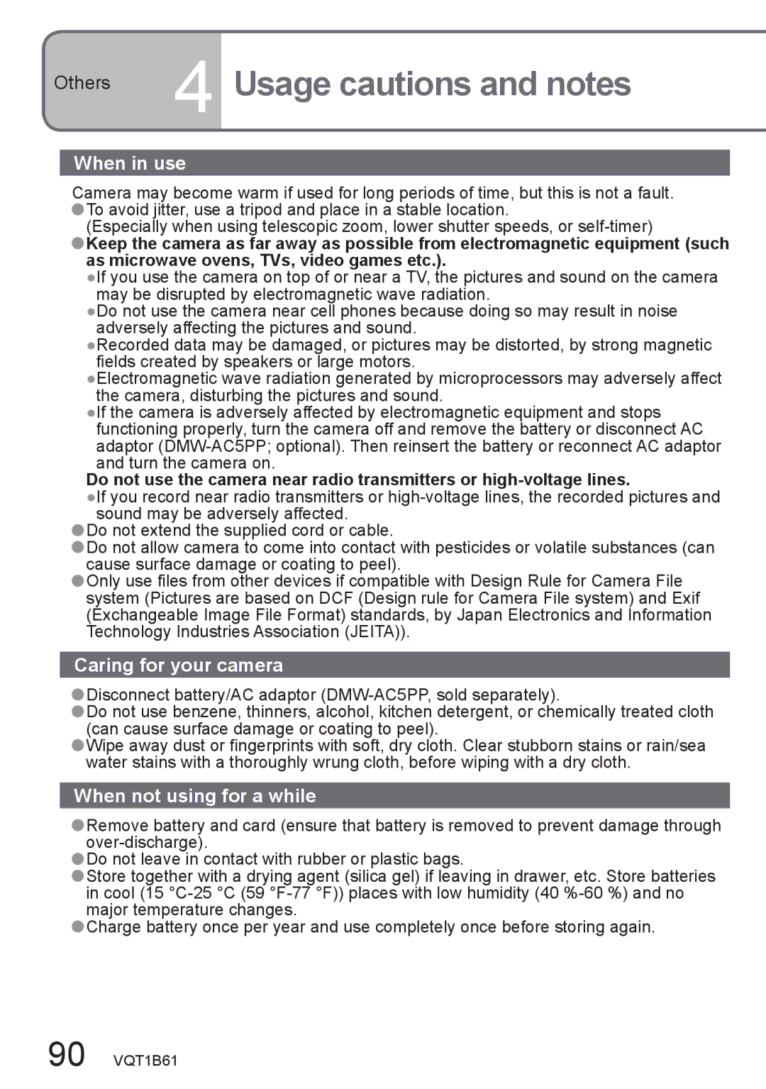 Panasonic DMC-TZ2 Others 4 Usage cautions and notes, When in use, Caring for your camera, When not using for a while 