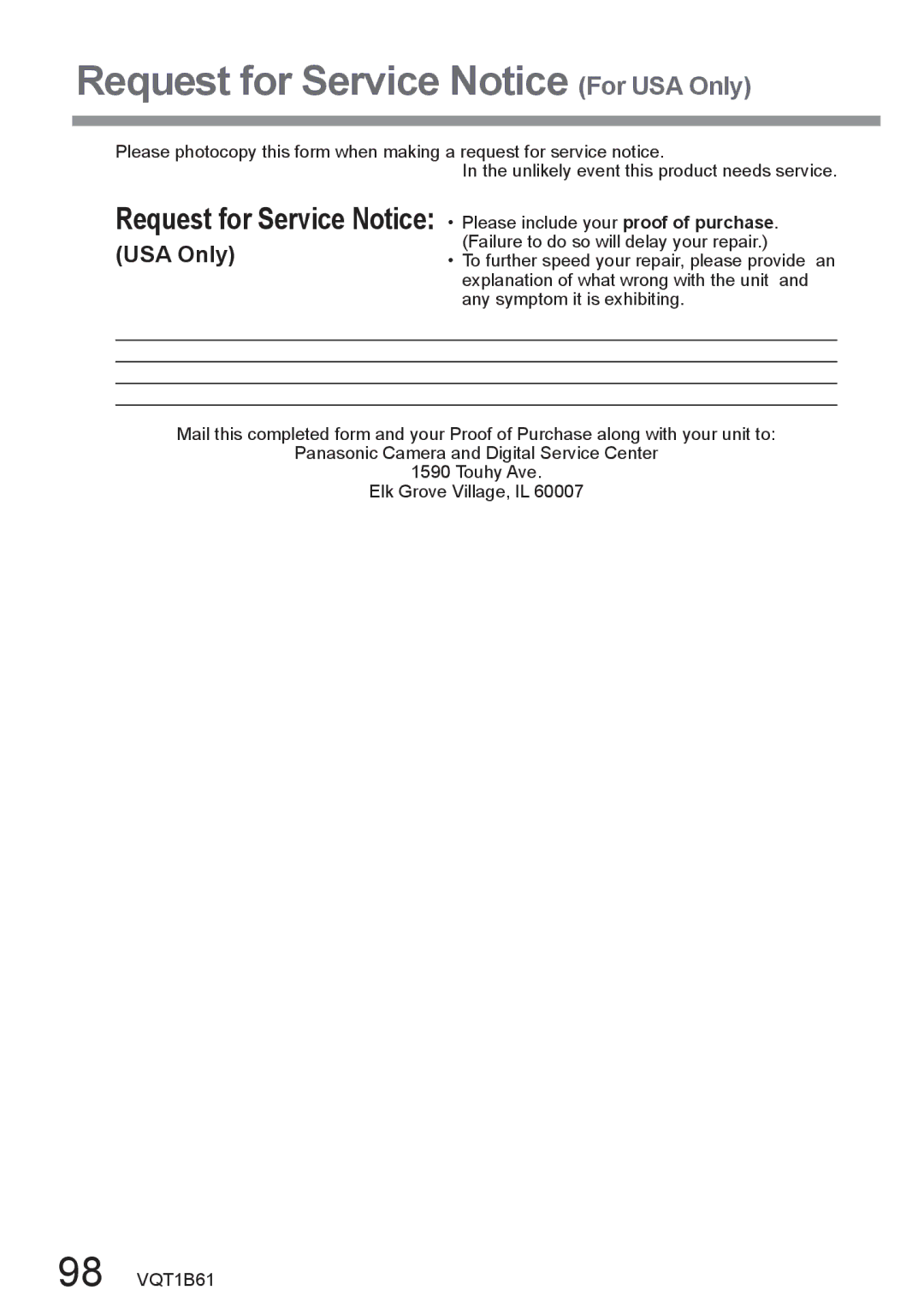 Panasonic DMC-TZ2, DMC-TZ3 operating instructions Request for Service Notice For USA Only 