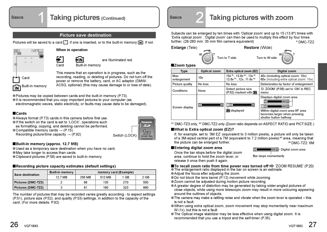 Panasonic DMC-TZ2 Basics  Taking pictures with zoom, Picture save destination, Enlarge Tele Restore Wide 