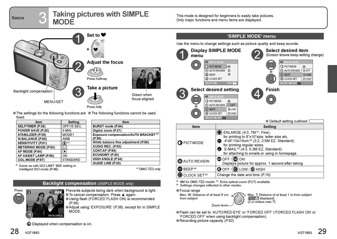 Panasonic DMC-TZ2 Basics 3 TakingMODE pictures with Simple, ‘SIMPLE MODE’ menu, Backlight compensation Simple Mode only 