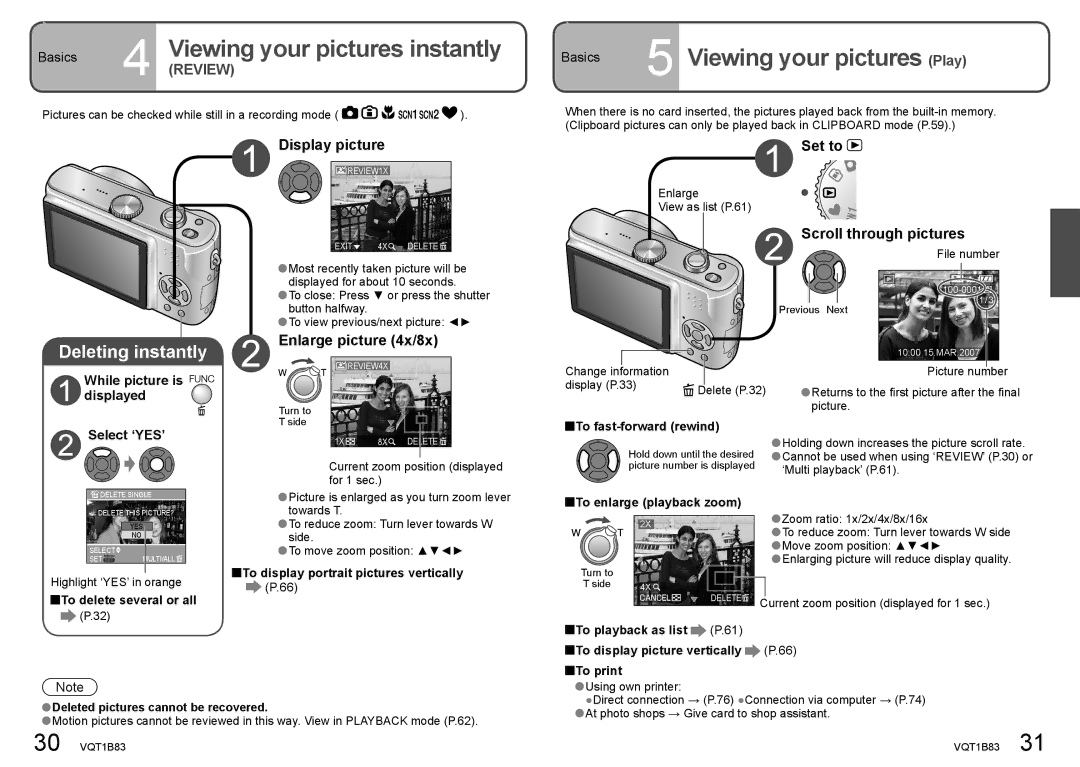 Panasonic DMC-TZ2 Viewing your pictures instantly, Viewing your pictures Play, Display picture, Enlarge picture 4x/8x 