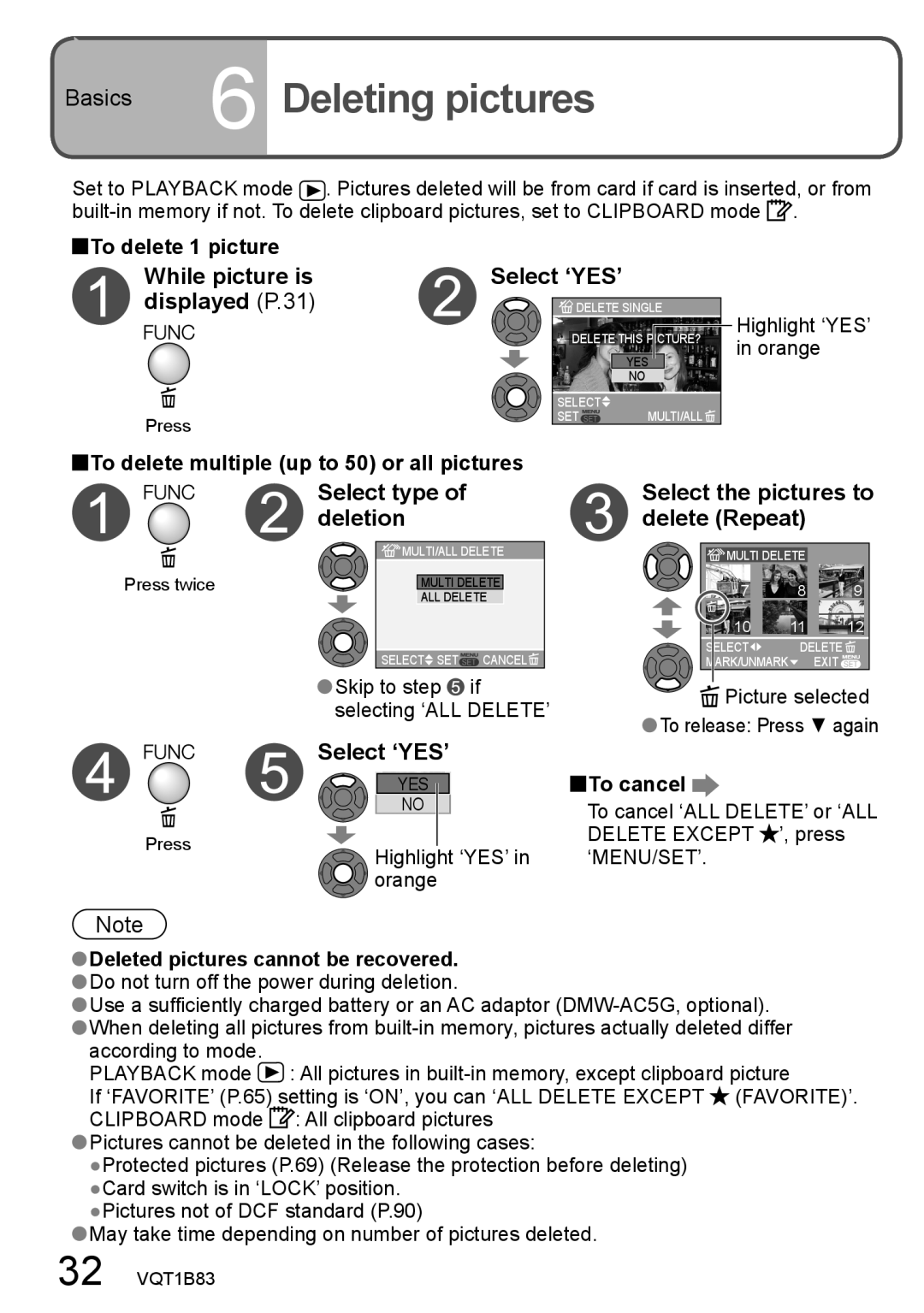 Panasonic DMC-TZ2 operating instructions Basics 6 Deleting pictures, While picture is displayed P.31, Select ‘YES’ 