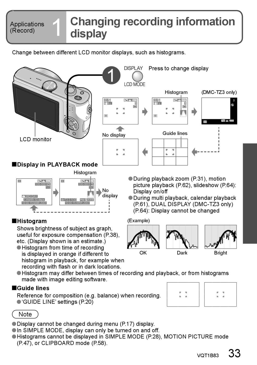 Panasonic DMC-TZ2 Applications 1 Changing recording information, Recorddisplay, Display in Playback mode, Histogram 