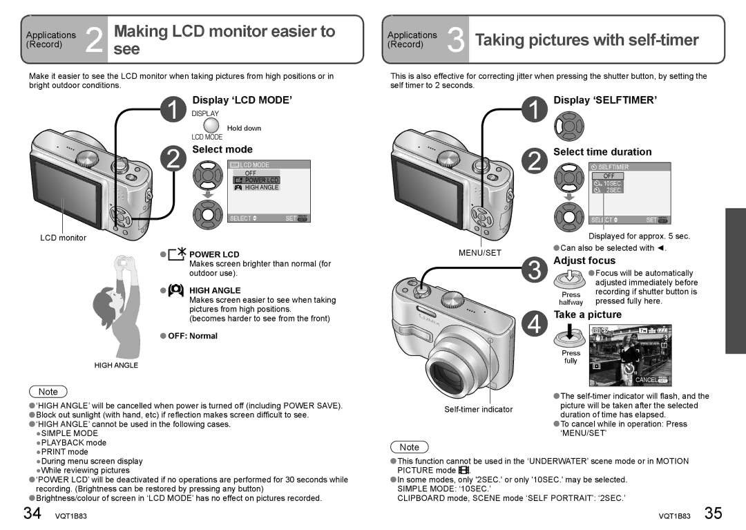 Panasonic DMC-TZ2 Applications  Making LCD monitor easier to, Applications 3 Taking pictures with self-timer 