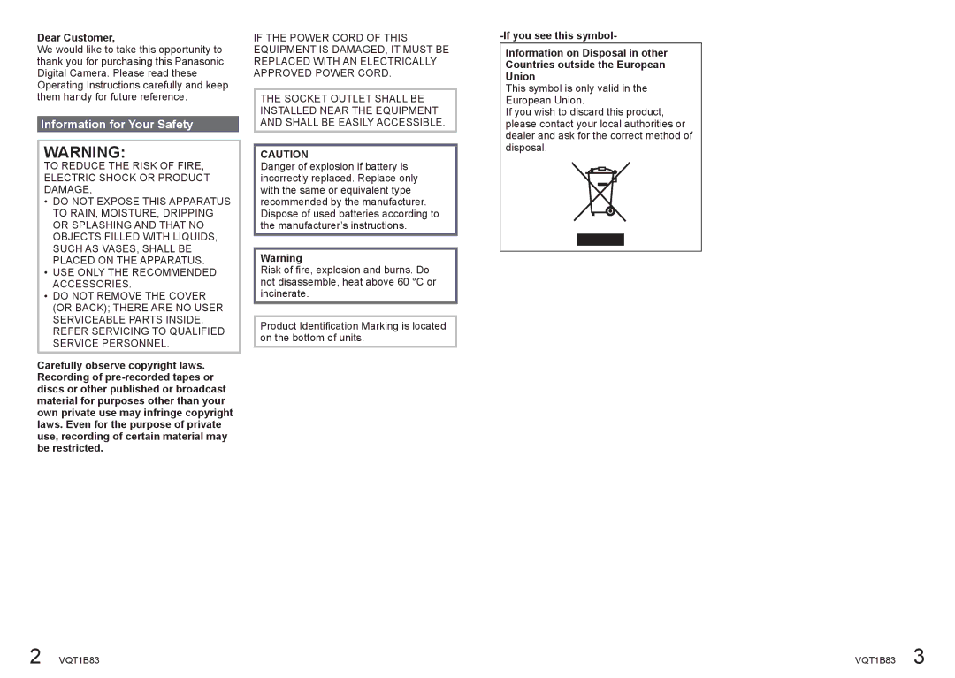 Panasonic DMC-TZ2 operating instructions Information for Your Safety, Dear Customer 