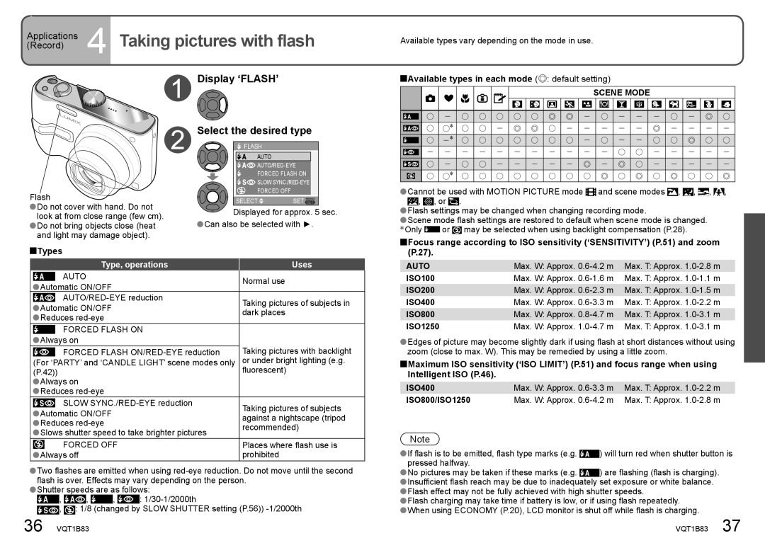 Panasonic DMC-TZ2 Applications 4 Taking pictures with flash, Display ‘FLASH’ Select the desired type, Scene Mode 