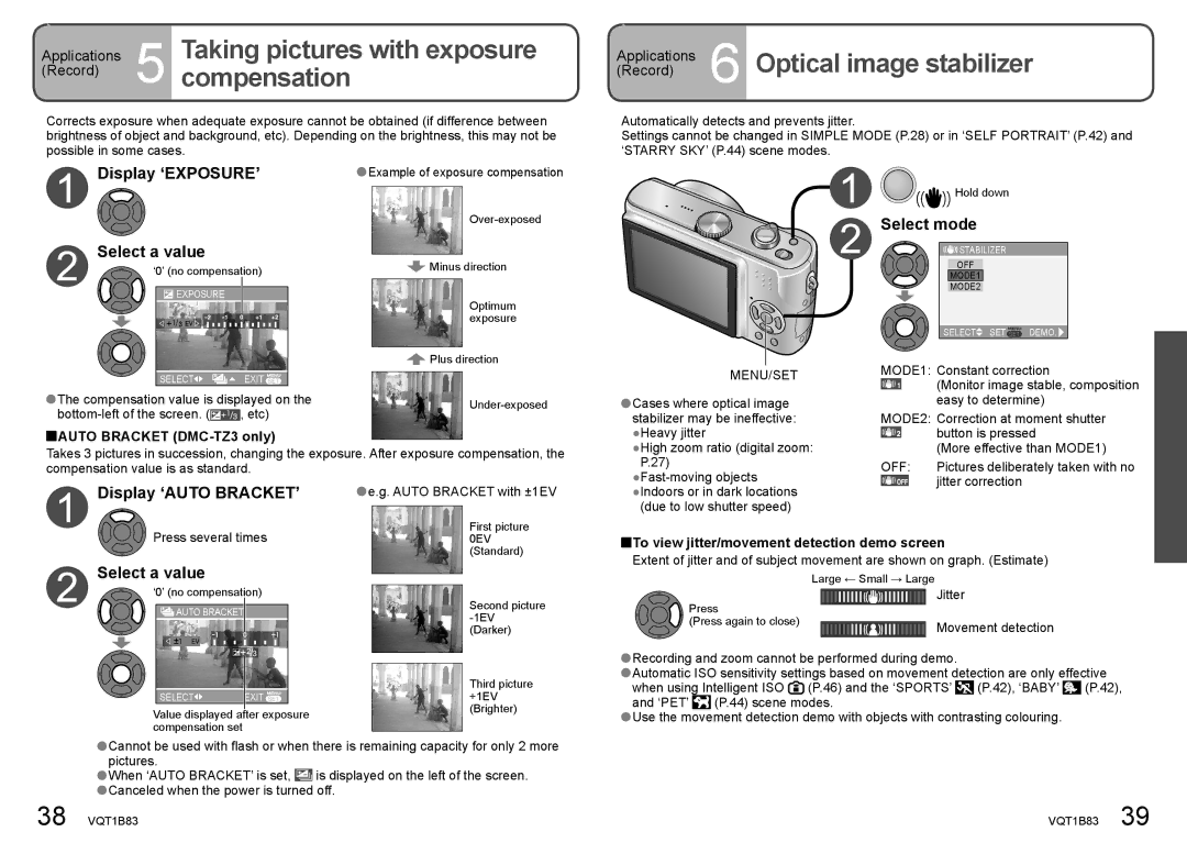 Panasonic DMC-TZ2 Applications 6 Optical image stabilizer, Display ‘EXPOSURE’ Select a value, Display ‘AUTO BRACKET’ 