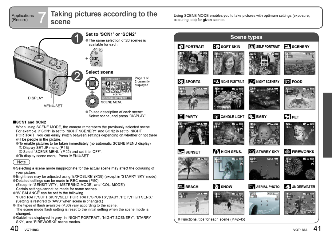 Panasonic DMC-TZ2 Scene, Taking pictures according to, Set to ‘SCN1’ or ‘SCN2’, Select scene, Applications 