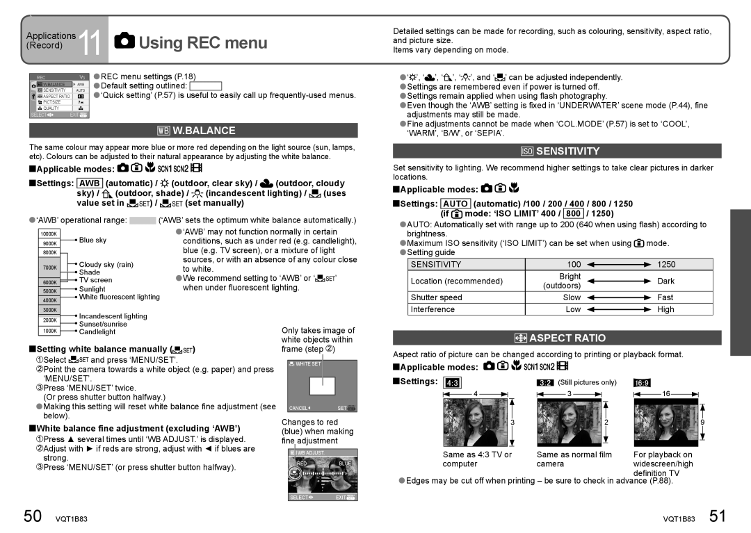 Panasonic DMC-TZ2 operating instructions Using REC menu, Balance, Sensitivity, Aspect Ratio, Awb 