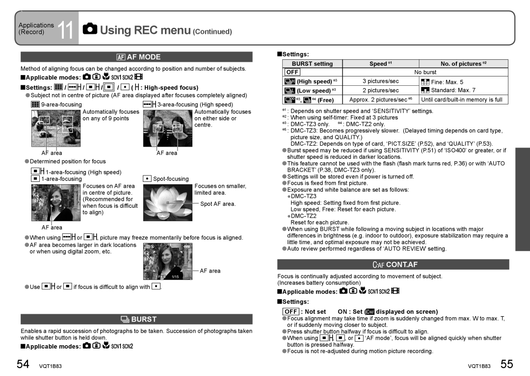 Panasonic DMC-TZ2 operating instructions AF Mode, Burst, Cont.Af 