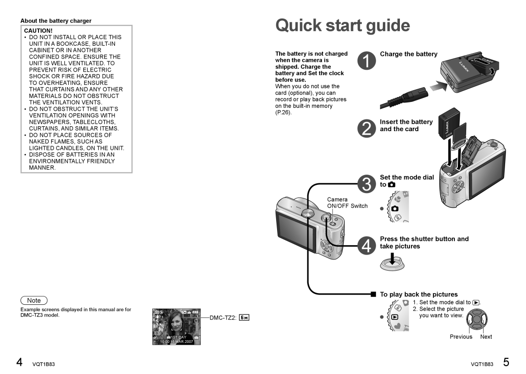 Panasonic DMC-TZ2 Charge the battery, Insert the battery and the card, Set the mode dial to, About the battery charger 