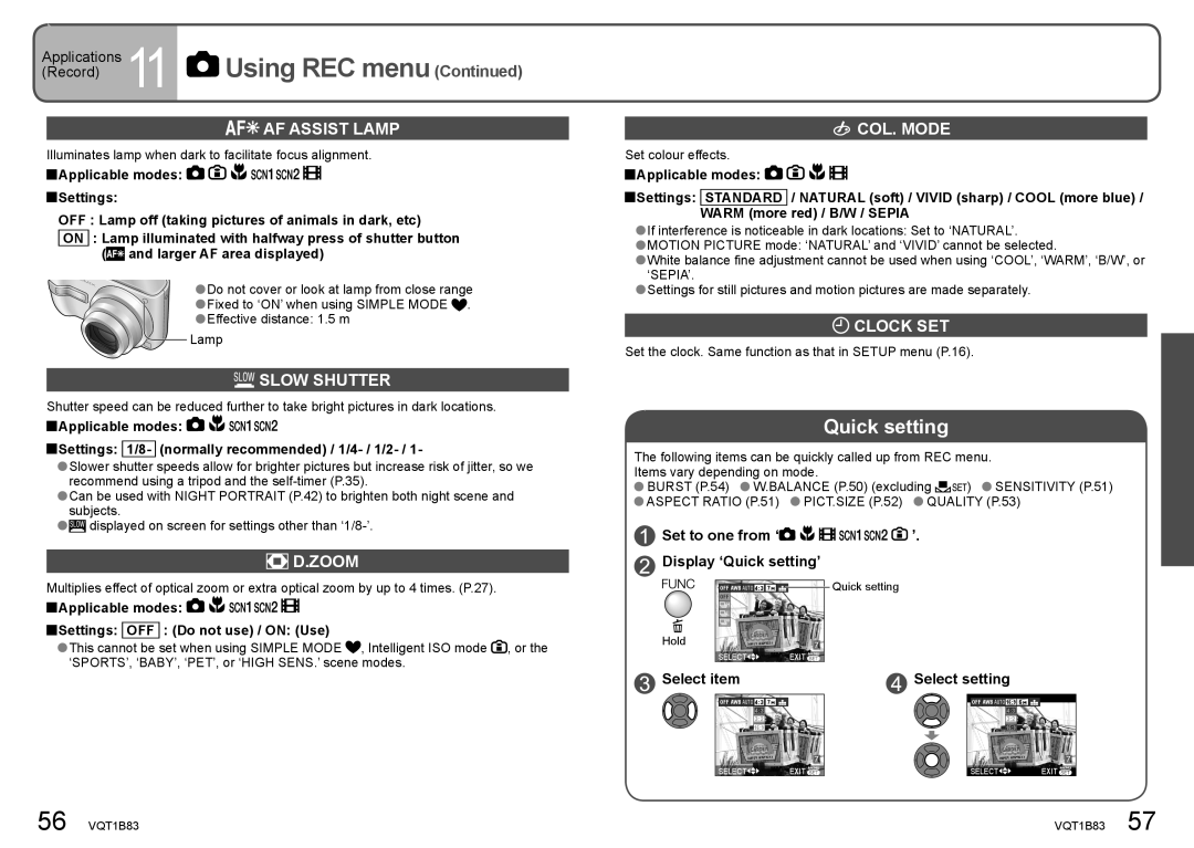 Panasonic DMC-TZ2 operating instructions AF Assist Lamp, Slow Shutter, Zoom, COL. Mode, Clock SET 