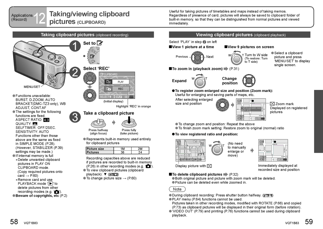 Panasonic DMC-TZ2 Taking/viewing clipboard, Taking clipboard pictures clipboard recording, Select ‘REC’ 