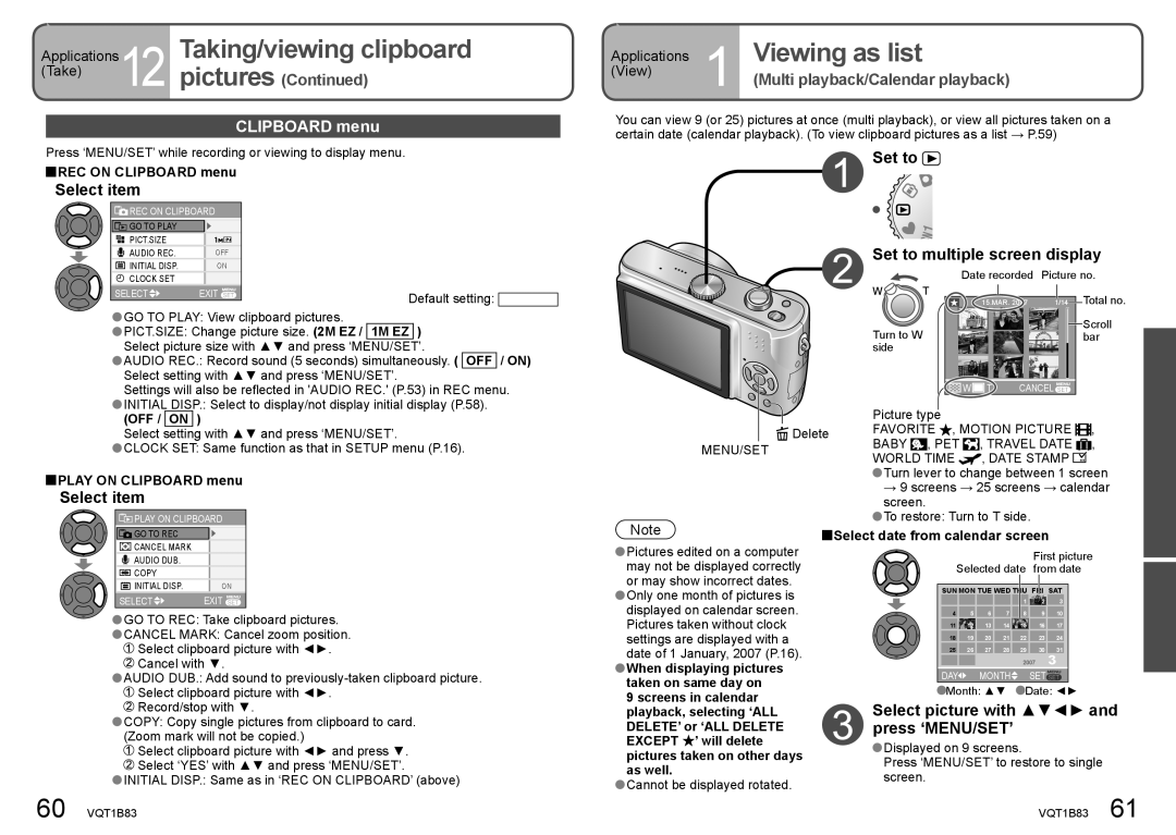 Panasonic DMC-TZ2 operating instructions Taking/viewing clipboard, Viewing as list, Clipboard menu, Press ‘MENU/SET’ 