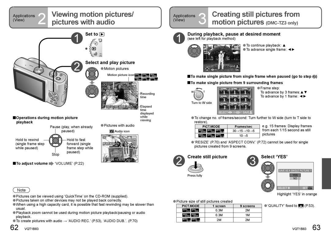 Panasonic DMC-TZ2 operating instructions  pictures with audio, Motion pictures DMC-TZ3 only, Viewing motion pictures 