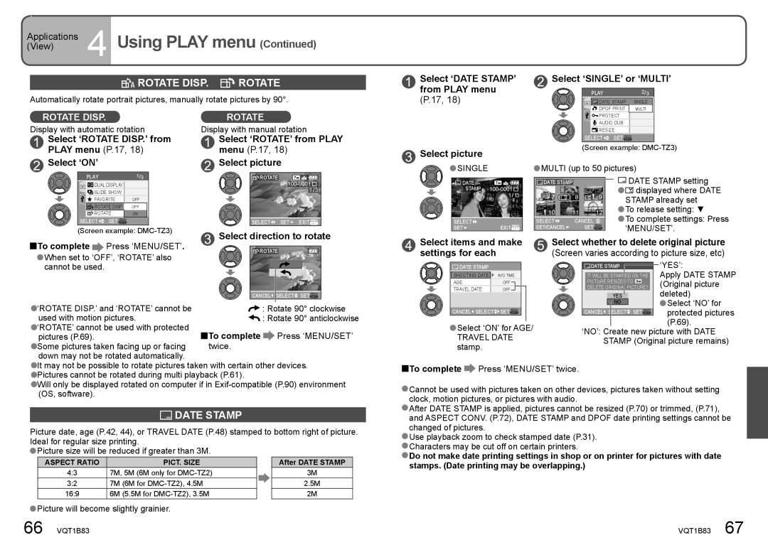 Panasonic DMC-TZ2 operating instructions Rotate Disp, Date Stamp, Select ‘SINGLE’ or ‘MULTI’ 