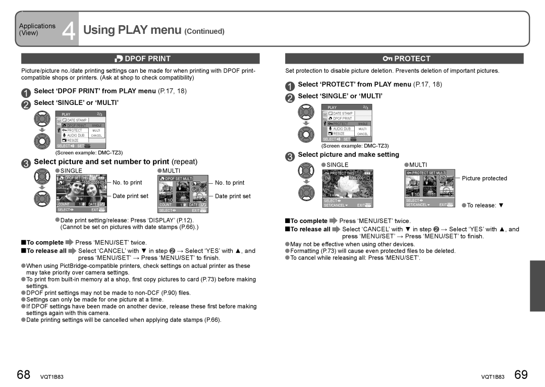 Panasonic DMC-TZ2 Dpof Print, Protect, Select picture and set number to print repeat, Select picture and make setting 